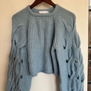 Jonathan Simkhai baby blue sweater w/cable knit puff long sleeves size Small